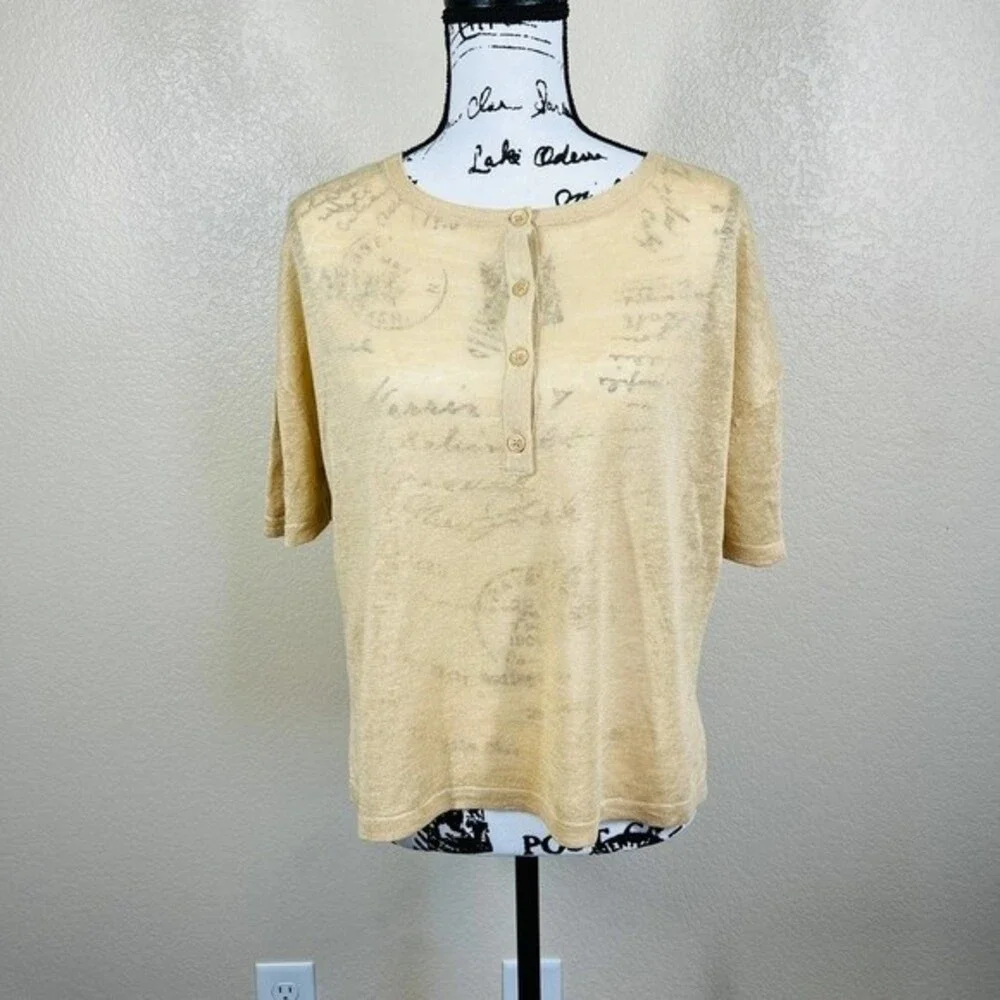 Skull Cashmere Tan top Women Lagenlook 100% Linen Penelope Henley Top size XS